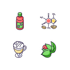 Drinks and ingredients RGB color icons set. Caffeine formula. Guarana plant. Coffee cup. Energy drink. Frappe in glass mug. Macchiato from coffeehouse. Isolated vector illustrations