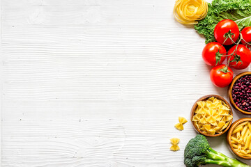 Vegan food cooking ingredients - vegetables and herbs top view