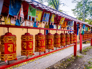SAINT-PETERSBURG, RUSSIA - OCTOBER 5, 2019: Prayer wheels in a Buddhist Temple in Saint Petersburg,...