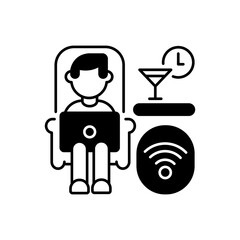 Lounge car black linear icon. Public transport with wifi. Comfortable railway service, relaxing trip outline symbol on white space. Train passenger using free wi fi vector isolated illustration