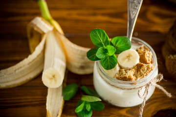 sweet homemade yogurt with fresh bananas and slices of oatmeal cookies
