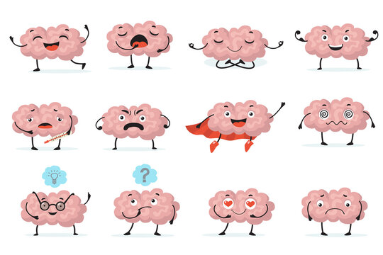 Cute brainy character expression flat icon set. Cartoon brain with emotions on white background isolated vector illustration collection. Brainpower, mind and intelligence concept