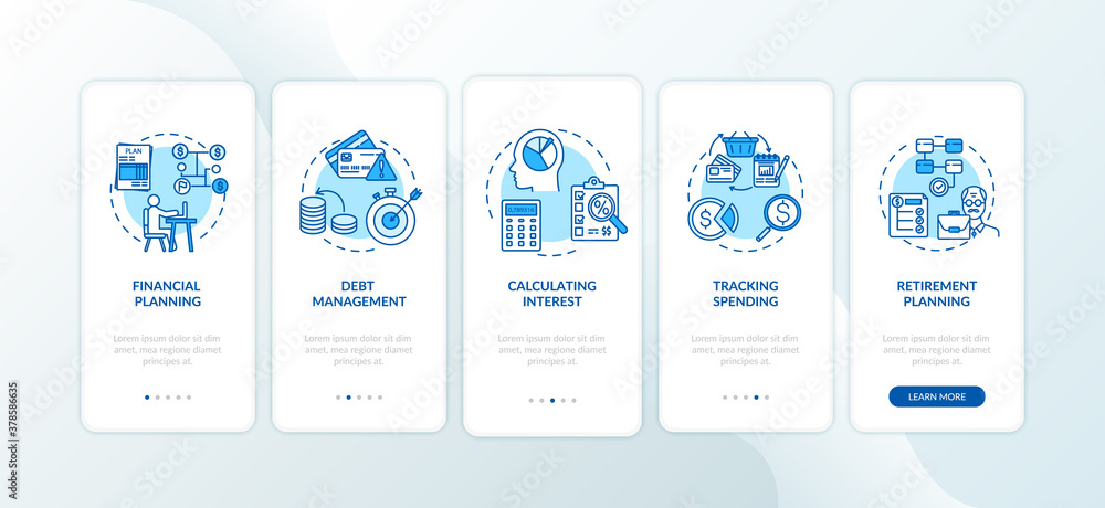 Poster Financial literacy objectives onboarding mobile app page screen with concepts. Budget increasing walkthrough 5 steps graphic instructions. UI vector template with RGB color illustrations