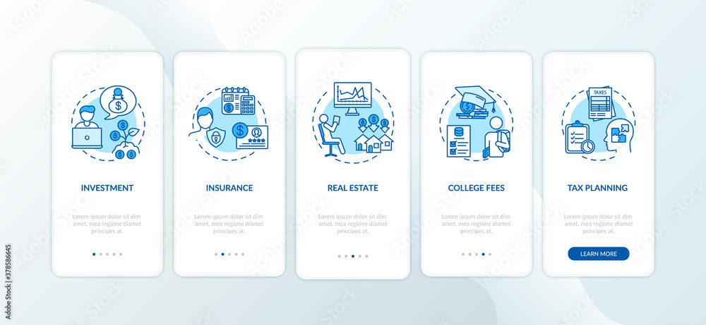 Poster Financial literacy application onboarding mobile app page screen with concepts. Investing advice walkthrough 5 steps graphic instructions. UI vector template with RGB color illustrations