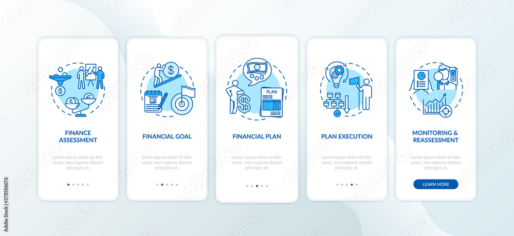 Poster Financial planning process onboarding mobile app page screen with concepts. Earnings increasing tips walkthrough 5 steps graphic instructions. UI vector template with RGB color illustrations