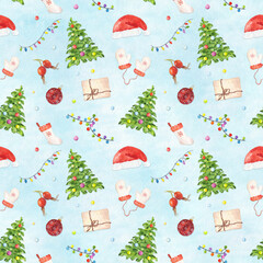 Watercolor seamless pattern with Christmas elements on blue snowy background. Hand drawn watercolor illustration.