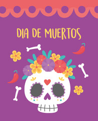 day of the dead, mexican celebration skull with flowers and bones traditional
