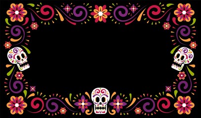 Day of dead mexican carnival celebration frame design with sugar skull. Dia de muertos Holiday flower border. Vector illustration.