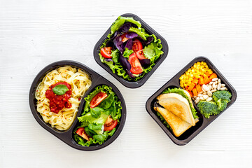 Healthy food in restaurant dish delivery. Top view, copy space