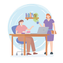 coworking, female employees office desk laptop and coffee cup