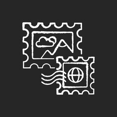 Postage stamps chalk white icon on black background. Collecting rare postmarks hobby, philately. Postal service. Small stickers with pictures for letters. Isolated vector chalkboard illustration