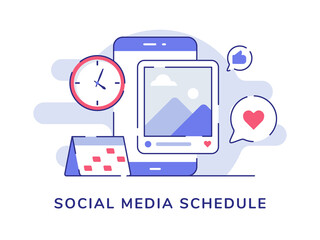 Social media schedule picture post on display smartphone screen feedback like heart with flat outline style