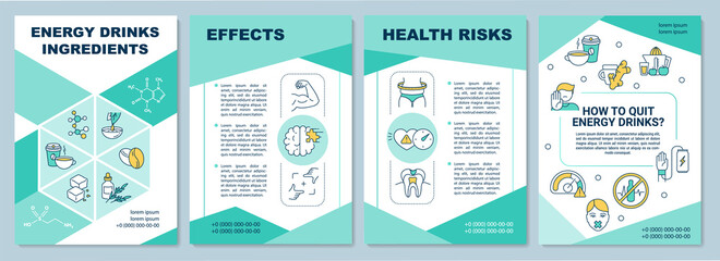 Energy drinks ingredients brochure template. Health risks. Flyer, booklet, leaflet print, cover design with linear icons. Vector layouts for magazines, annual reports, advertising posters