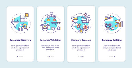 Customer development framework onboarding mobile app page screen with concepts. Communication strategies walkthrough 4 steps graphic instructions. UI vector template with RGB color illustrations