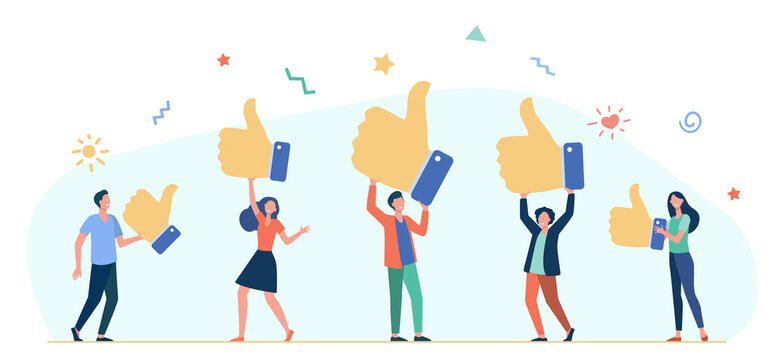 Tiny people holding thumbs up flat vector illustration. Cartoon customers or clients giving support, review rating and feedback. business success and service quality concept