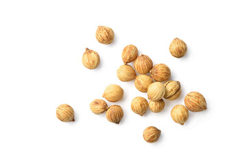 Flat lay (top view) Close-up of Dried coriander seeds isolated on white background.