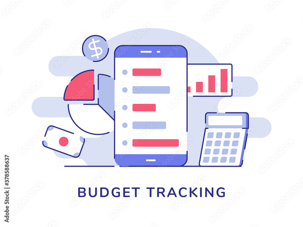 Poster budget tracking concept smartphone background of statistic bar pie chart money calculator with flat 
