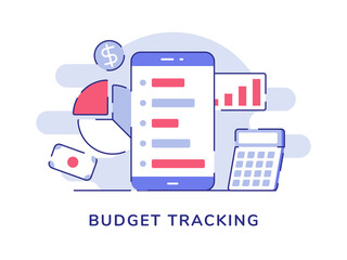 Budget tracking concept smartphone background of statistic bar pie chart money calculator with flat outline style