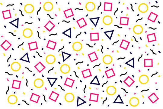 Seamless memphis pattern abstract vector background. Geometric design with pink, yellow and dark blue icons. Circle, square and triangle geometric figure shapes, memphis art seamless vector background
