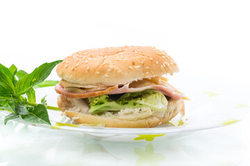 morning sandwich with bacon, cheese and herbs