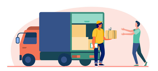 Order delivery service. Courier giving parcel box to customer near truck flat vector illustration. Shipping, logistics, transportation concept for banner, website design or landing web page