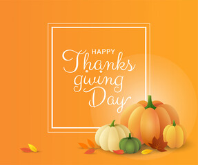 Thanksgiving day greeting poster template. Vector pumpkins and autumn leaves on orange background