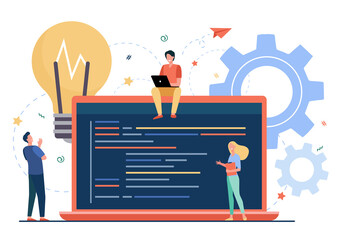 Tiny programmers coding new project isolated flat vector illustration. Cartoon coders, developers and computer engineers sitting on big laptop with script. Software and digital technology concept