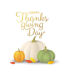 Happy Thanksgiving day beautiful vector card design with pumpkins and leaves isolated on white background