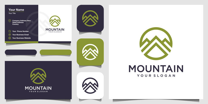 Linear mountain sun sky vector icon logo design. Travel adventure nature logotype symbol. logo design and business card