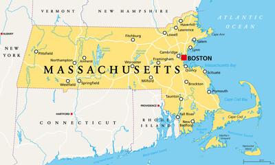Massachusetts, political map with capital Boston. Commonwealth of Massachusetts, MA. Most populous state in the New England region of the United States. The Bay State. English. Illustration. Vector. - obrazy, fototapety, plakaty