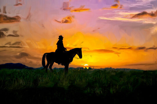 Oil painting of Cowboy at dawn