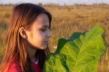 A girl with long hair holds a large green burdock leaf in a field
