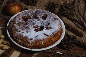 Homemade pie. Apple pie sprinkled with icing sugar. Pie on an autumn background. Autumn pastries