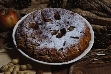 Homemade pie. Apple pie sprinkled with icing sugar. Pie on an autumn background. Autumn pastries
