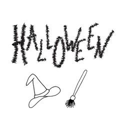 Halloween lettering, vector illustration. Black text isolated on white board with design elements. Witch hat and broom. Hand drawn quote for print, cards, decoration, seasonal design. Autumn banner
