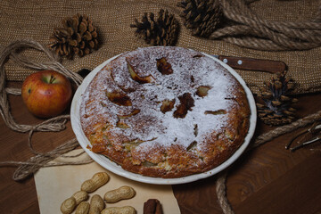 Homemade pie. Apple pie sprinkled with icing sugar. Pie on an autumn background. Autumn pastries