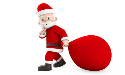 3d render of Santa Claus sneaks with huge red bag isolated on white. Christmas and New Year concept.