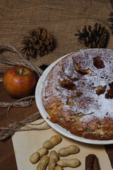 Homemade pie. Apple pie sprinkled with icing sugar. Pie on an autumn background. Autumn pastries