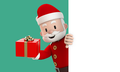 happy Santa Claus holding red gift box behind the white signboard with copy space on green background. Christmas and New Year concept. 3d render.