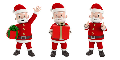 3 actions of santa claus isolated on white.  santa claus smile with a gift box and thumbs up. For Christmas cards, banners. Christmas and New Year concept. 3d render.