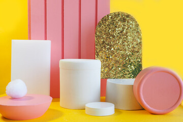 abstract background different geometric shapes on a bright yellow background..