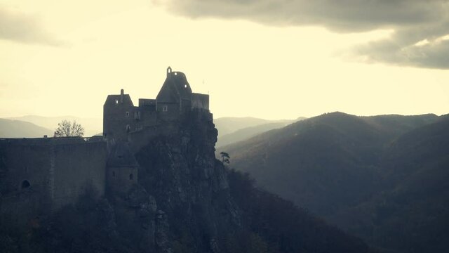 AGGSTEIN/ AUSTRIA OCTOBER 25, 2019: autumn evening view of Aggstein castle ruins and the famous Wachau Valley, Austria
