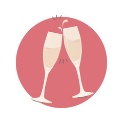 Champagne glasses clink glasses. Vector flat illustration of new year, wedding or party concept.