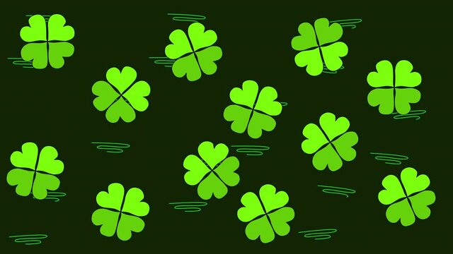 Funny background animation of four leaf clover plants dancing on black background. Colourful backdrop. Seamless loop.