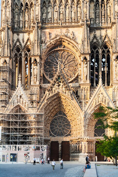 REIMS, FRANCE - JUNE 28, 2010: Reims Cathedral (Notre-Dame de Reims) on Place du Cardinal Lucon. Cathedral housed the Holy Ampulla with Saint Chrism used during coronation of French kings