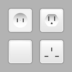 Switches and sockets set. All types. Wall switch. Power electrical socket electricity turn of and on plug vector realistic pictures. 