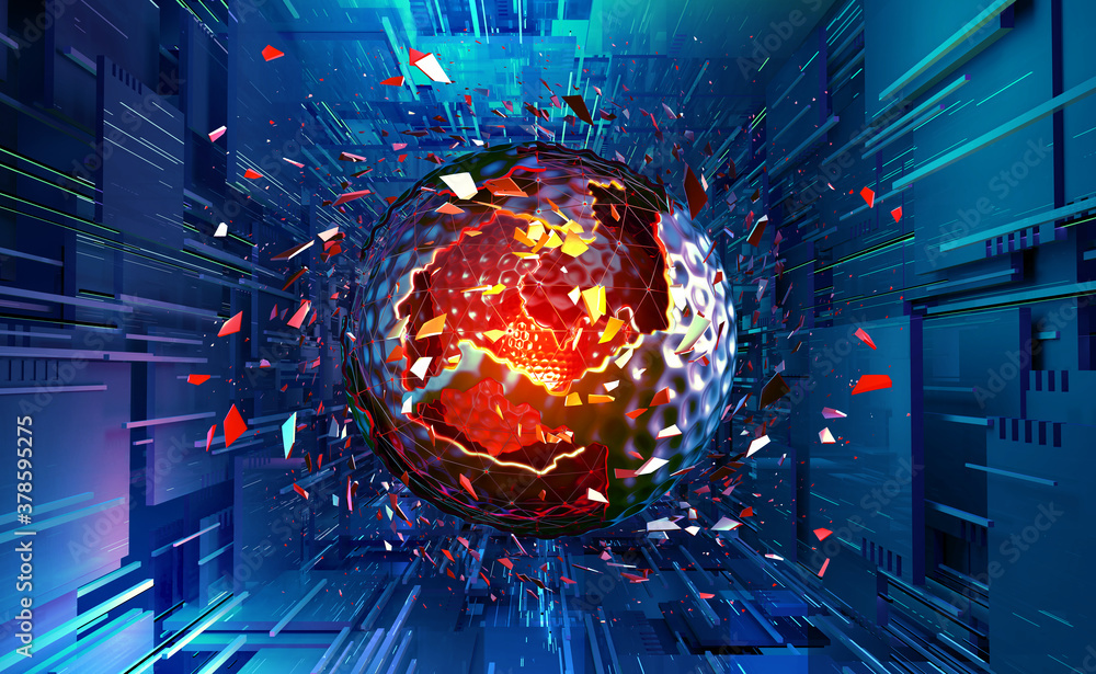 Poster Digital mind. Technocratic concept of future. Abstract reactor core. Quantum processor and big data. Realistic 3D illustration
