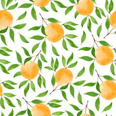 Botanical seamless pattern with branches of ripe oranges and green leaves. Watercolor hand-drawn illustration. Perfect for textile, fabrics, wrapping paper, bed linens, prints, clothing design, covers