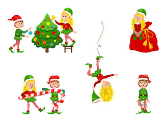 Christmas elf girls character. Santa Claus helpers cartoon, cute dwarf elves fun characters.  Happy New Year, Merry Xmas design element. Isolated. Good for card, banner, flayer, leaflet, poster.