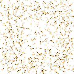 Confetti and streamer ribbon falling on transparent background. Falling shiny gold confetti. Bright golden festive tinsel. Party backdrop. Holiday design elements for web banner, poster